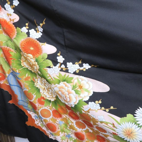 Japanese Kimono Silk Houmongi Vintage Black Multi Floral Copper Metallic 62 inch - Picture 8 of 16